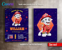 the paw patrol birthday party flyer is shown with an image of a fireman and his dog