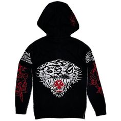 * Ed Hardy By Christian Audigier Tiger Full Zip Hoodie * Unisex In Men's Sizing * Knit Sweater Material * Front, Sleeves, And Rear Graphic * Front Kangaroo Pockets * Hooded With Drawcord * 50% Cotton, 15% Lambwool, 10% Angora, 10% Nylon, 10% Viscose, 5% Alpaca * Mpn Ehm4414 * Msrp $194 Measurements: * Medium: Pit-To-Pit (19"); Length (28") * Large : Pit-To-Pit (20"); Length (29") * X-Large : Pit-To-Pit (21"); Length (30") * Xx-Large : Pit-To-Pit (22"); Length (31") Black Hooded Sweater For Cold Weather, Black Hooded Jacket For Winter Streetwear, Black Hooded Winter Jacket For Streetwear, Black Winter Wear Hooded Jacket For Streetwear, Black Winter Hooded Jacket For Streetwear, Black Winter Top With Double-lined Hood, Graphic Print Hoodie Sweater For Winter, Black Hoodie With Double-lined Hood For Cold Weather, Urban Black Hooded Sweater