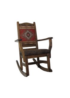 a wooden rocking chair with a red and black cushion on top of it's seat