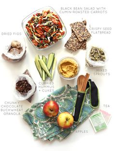 the contents of a healthy meal laid out on a white surface with words describing it