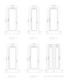 four doors are shown with the measurements for each door and one is labeled in blueprint