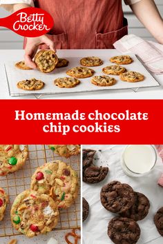 homemade chocolate chip cookies on a cooling rack and in the process of being made with betty crocker