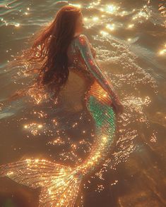 a woman is swimming in the water with her back turned to the camera while wearing a green and gold mermaid tail