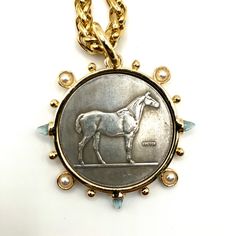 New With Tag Vb&Co Artisan Crafted Equestrian / Horse Coin Style Pendant With Pearls And Crystals Chunky 18” Rope Chain Pendant Diameter 1 1/2” Elegant Formal Necklace With Horse Design, Gold Horse, Horse Equestrian, Medallion Necklace, Beaded Choker Necklace, Black Necklace, Knot Necklace, Chain Pendant, Beaded Choker