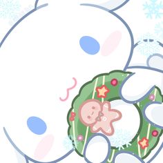 a cartoon bear holding a donut with snowflakes on it's face