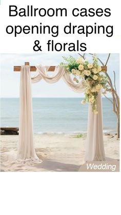 an advertisement for a wedding ceremony with flowers on the altar and ocean in the background