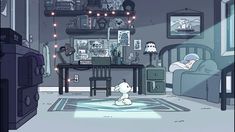 a cartoon character is sitting on the floor in front of a living room filled with furniture