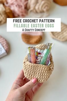 a crochet basket filled with candy and candies for the easter egg hunt