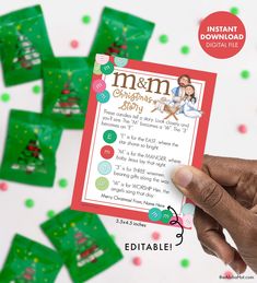 a hand holding up a christmas story card with green and red confetti around it