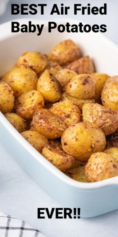 A casserole dish full of cooked air fryer potatoes on  a grey counter top. Slower Cooker, Air Fry Potatoes, Actifry Recipes, Air Fryer Recipes Dessert, New Air Fryer Recipes, Air Fryer Recipes Snacks, Air Fryer Cooking Times, Cooks Air Fryer, Air Fried Food