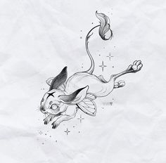 a drawing of a cat flying through the air with its tail extended and eyes closed