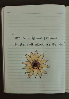 an open notebook with a drawing of a sunflower on it