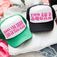 Pop the bubbly and celebrate your 40th birthday in style with these fun and colorful "More Fun Than Two Twenty Year Olds" and "Two 20`s squad" 40th Birthday trucker hats! These hats are the perfect accessories for a beach celebration or a poolside party. ♥ Product details: .: Sold separately .: Material: 100% polyester foam front with 100% nylon mesh weave back .: One size fits most (22.8"/58cm) .: Adjustable snap closure ♥ Shipping: A tracking number will be sent upon shipment and details regar More Fun Than Two Twenty Year Olds, Fun Pink Trucker Hat For Birthday, Fun Personalized Birthday Hat, Fun Letter Print Trucker Hat For Birthday, Fun Letter Print Trucker Hat For Birthdays, Vintage Adjustable Hats For Birthday, 40th Birthday Hats, Birthday Trucker Hats, Beach Celebration