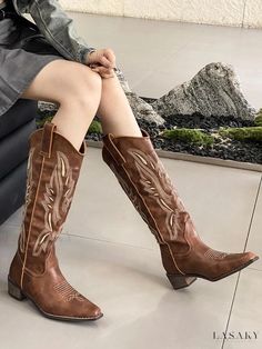 Lasaky - Premium Womens Mid Calf Square Toe Embroidered Cowboy Boots Mid Calf Cowboy Boots, Embroidered Cowboy Boots, Modern Cowgirl, Fall Winter Shoes, Chunky Heel Booties, Pu Boots, Boots Heel, Chunky Heel Ankle Boots, Embroidered Boots