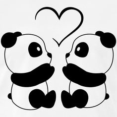 two panda bears sitting next to each other in front of a heart