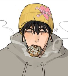 a drawing of a man with food in his mouth and wearing a hat on top of his head