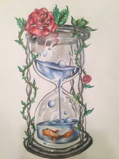 a drawing of an hourglass with a rose and fish in the sand under it