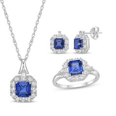 This matching necklace, earrings and ring gift set is the perfect surprise for your special occasion. Crafted in sterling silver, the necklace showcases a shimmering Asscher-cut blue lab-created sapphire wrapped in an octagon-shaped frame of sparkling round-cut white lab-created sapphires. Above, a tapered baguette-cut white lab-created sapphire lends dimension to the design. The pendant suspends along an 18-inch rope chain that secures with a spring-ring clasp. The ring comes in standard size 7 White Lab, Asscher Cut, Swiss Blue Topaz, Baguette Cut, Matching Necklaces, Rope Chain, Necklace Earrings, Spring Rings, Ring Gift