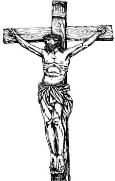 the crucifix with jesus on it is drawn in black and white ink