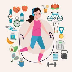 a woman with headphones and various sports related items around her, including a skipping rope