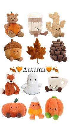 stuffed animals and pumpkins are arranged in the shape of an autumn scene with leaves