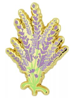 a purple and yellow broccoli plant pin with gold foil on the bottom,