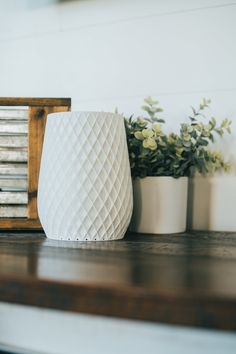 three white vases sitting on top of a wooden shelf next to plants and books