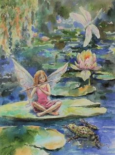 a painting of a fairy sitting on a lily pad with water lilies in the background