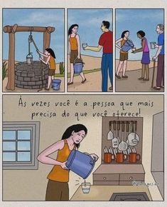 a comic strip with people in the kitchen and one woman pouring water from a jug