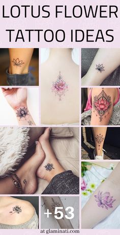 many different tattoos are shown with the words lotus flower tattoo ideas on them and below