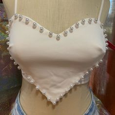 New With Tags, White Heart Pearl Shirt From Shein. Perfect For Bridal Events (Bachelorette, Honeymoon, Etc) Or For Embracing Your Lover Era Pearl Shirt, Pearl Tops, Bridal Events, Lover Era, Cabo Verde, Pearl Heart, Bridal Event, Heart Top, Heart Shirt