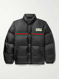 This quilted jacket from Gucci's 'Aria' collection is detailed with signature striped webbing and a vintage-logo appliqué inspired by the house's archives. Made in Italy from durable, water-repellent shell, it's packed with insulating down and has an adjustable drawstring hem. Gucci Vault, Gucci Jacket Mens, Jungkook Clothes, Supreme Backpack, Black Men Fashion Urban, Men Winter Jacket, Gucci Jacket, Gucci Outfits, Gucci Logo