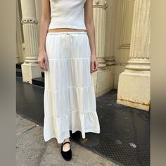 Long, Flowy, Prairie Skirt With A Tie Waist And Ruffle Seams. Fabrics: Shell 100% Viscose, Lining 100% Cotton Measurements: 36" (91 Cm) Length, 28" (71 Cm) Waist (Stretches) Made In: China Fitted Ankle-length Casual Maxi Skirt, Casual Fitted Ankle-length Maxi Skirt, Flowy Ankle-length Skirt For Vacation, Tiered Maxi Skirt For Daywear, Fitted Ankle-length Maxi Skirt For Summer, Relaxed Ankle-length Summer Skirt, Summer Ankle-length Relaxed Skirt, Casual Ankle-length Skirt For Vacation, Long Skirts Summer