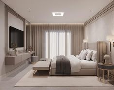 a modern bedroom with white and beige decor