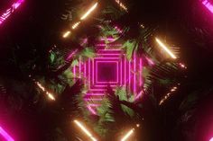 an abstract image with palm trees and neon lights