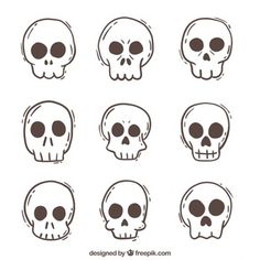 six skulls with different facial expressions on the face and head, all drawn in black ink