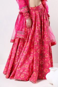 Pink cotton lehenga with floral print and gota lace embroidery. Comes with a blouse and an organza dupatta. - Aza Fashions Fitted Floral Print Sharara For Navratri, Anarkali Lehenga With Floral Print, Floor-length Floral Print Sharara For Navratri, Floor-length Floral Sharara For Navratri, Diwali Floral Print Floor-length Sharara, Diwali Floor-length Floral Print Sharara, Fitted Pink Floral Anarkali Set, Pink Printed Floor-length Sharara, Pink Floor-length Printed Sharara