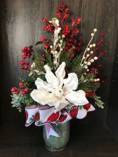 Christmas Vase w/snowflake & Holly Decor w/Red bird Ribbon Holly Decor, Holly Decorations, Christmas Florals, Christmas Vases, Centerpieces Diy, Poinsettia Wreath, Natural Wreath, Christmas Centerpieces Diy