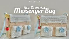 two crocheted purses sitting on top of a white table with the words how to crochet messenger bag