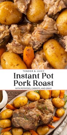 instant pot pork roast with potatoes, carrots and gravy on a white plate