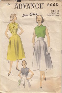 Advance 6068 Sleeveless Blouse Skirt Sew Easy Vintage Pattern Unprinted 1940s Fitted Skirt In 1950s Style For Summer, Fitted 1950s Style Summer Skirt, Vintage Retro Print Summer Skirt, Summer Vintage Skirt With Retro Print, Vintage Daywear Dresses With Gathered Skirt, Vintage Full Skirt For Daywear, Fitted Skirt For Summer Vintage Fashion, Vintage Skirted Summer Dresses, Vintage Dresses With Gathered Skirt For Daywear