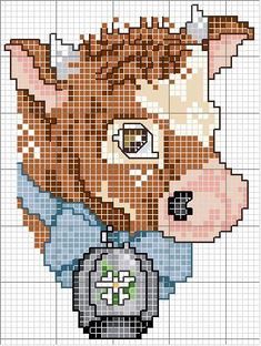 a cross stitch pattern with a cow wearing a blue shirt