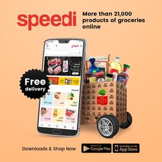 a cell phone sitting next to a cart full of groceries and bags with the words speedi on it