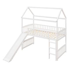 a white bunk bed with a slide on the bottom and bottom part in front of it