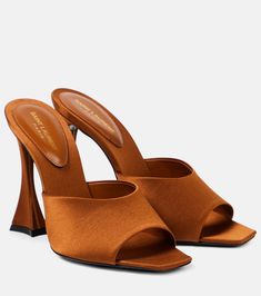 Hall satin mules in brown - Saint Laurent | Mytheresa Mid Heels Pumps, Designer Pumps, Saint Laurent Shoes, Evening Shoes, Boots Knee, Slingback Pump, Wedge Boots, Sandal Fashion, Lining Fabric