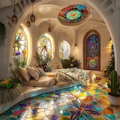 a living room with stained glass windows in the ceiling and colorful floor tiles on the floor