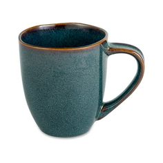 a blue coffee cup with brown rim