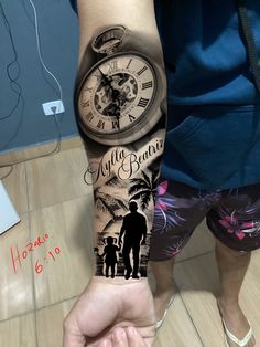 a person with a tattoo on their arm holding a clock and palm tree in front of them