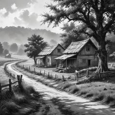 a black and white photo of an old country road