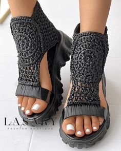 Lasaky - Elegant Braided Geometric Wedge Sandals Mesh Flats, Geometric Knit, Modern Sandals, Summer Wedges, Chic Type, Sandal Platform, Shoe Pattern, Black Wedge Sandals, Jeans Casual